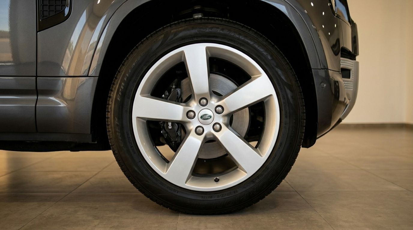 Close-up of the Land Rover Defender 3.0's front wheel and gloss dark grey metallic side body in Marbella.