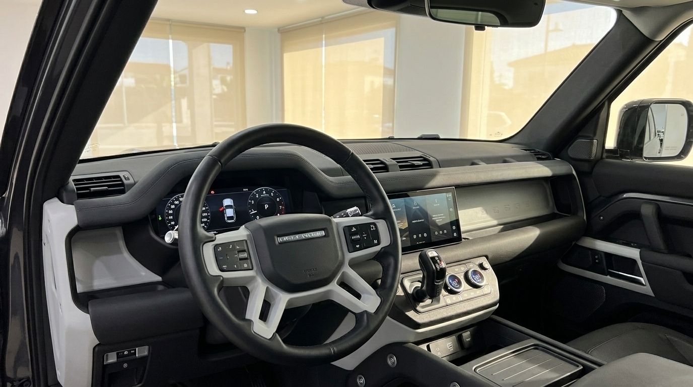 The modern interior of the Land Rover Defender 3.0 in Marbella, showcasing its dashboard and steering wheel.