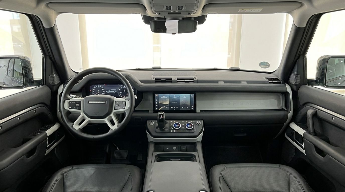 The modern interior cockpit of the 2022 Land Rover Defender 3.0 in Marbella, featuring its steering wheel and infotainment system.