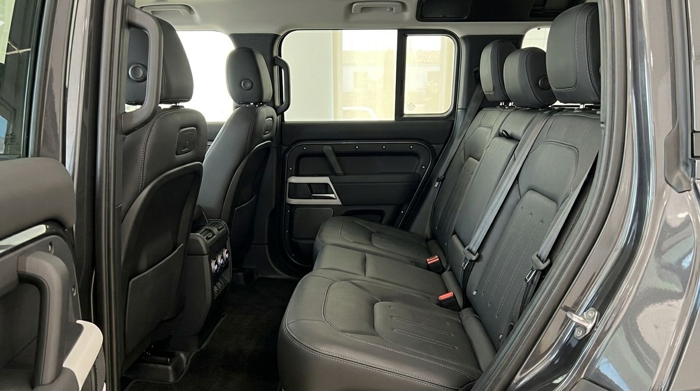 The spacious rear interior of the Land Rover Defender 3.0 in Marbella features comfortable black leather seats and a robust door panel.