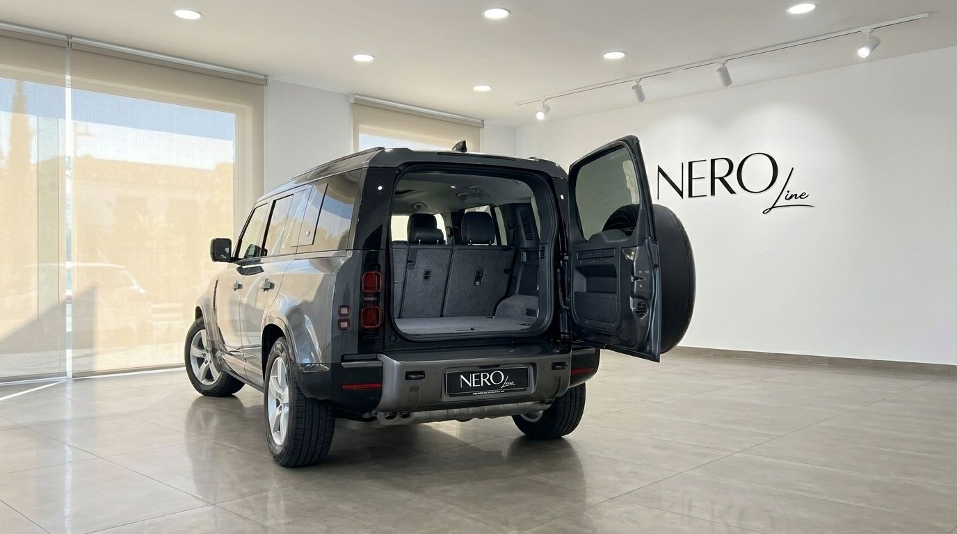 The rear view of a dark grey Land Rover Defender 3.0 with its boot open, parked in a showroom in Marbella.