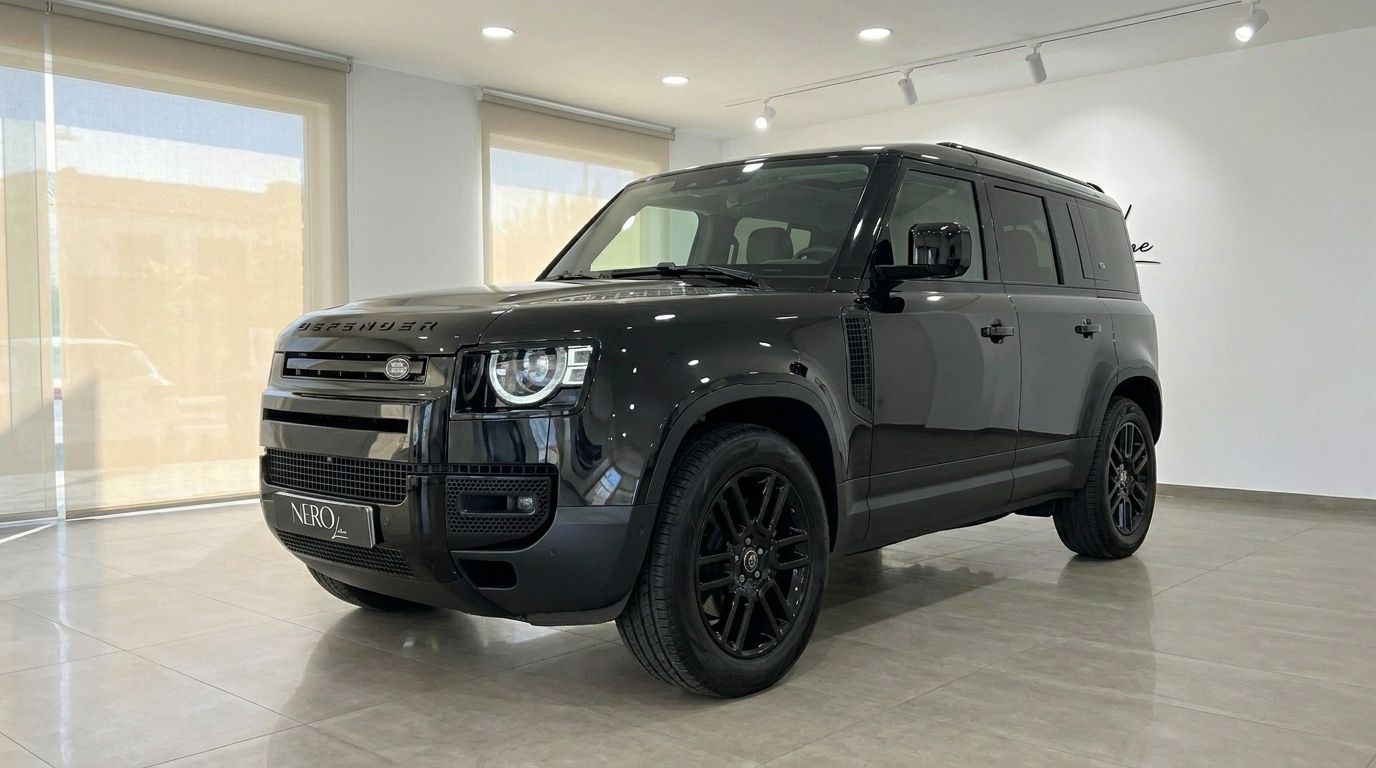 The black Land Rover Defender P400e is showcased from a front three-quarter view in a bright showroom in Ibiza.