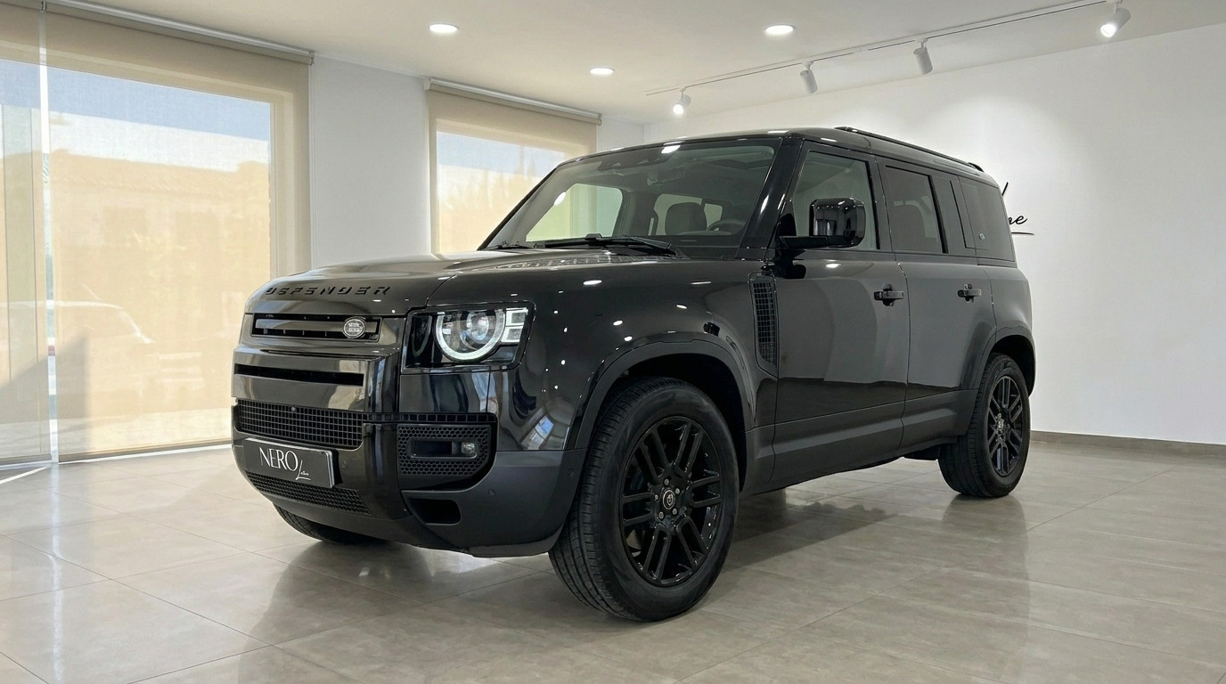Land Rover Defender P400e — Showroom Ibiza The black Land Rover Defender P400e is showcased from a front three-quarter view in a bright showroom in Ibiza.