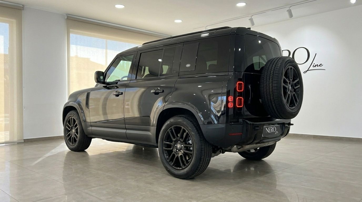 A black 2025 Land Rover Defender P400e, shown from the rear three-quarter angle with its spare wheel, parked in a showroom in Ibiza.