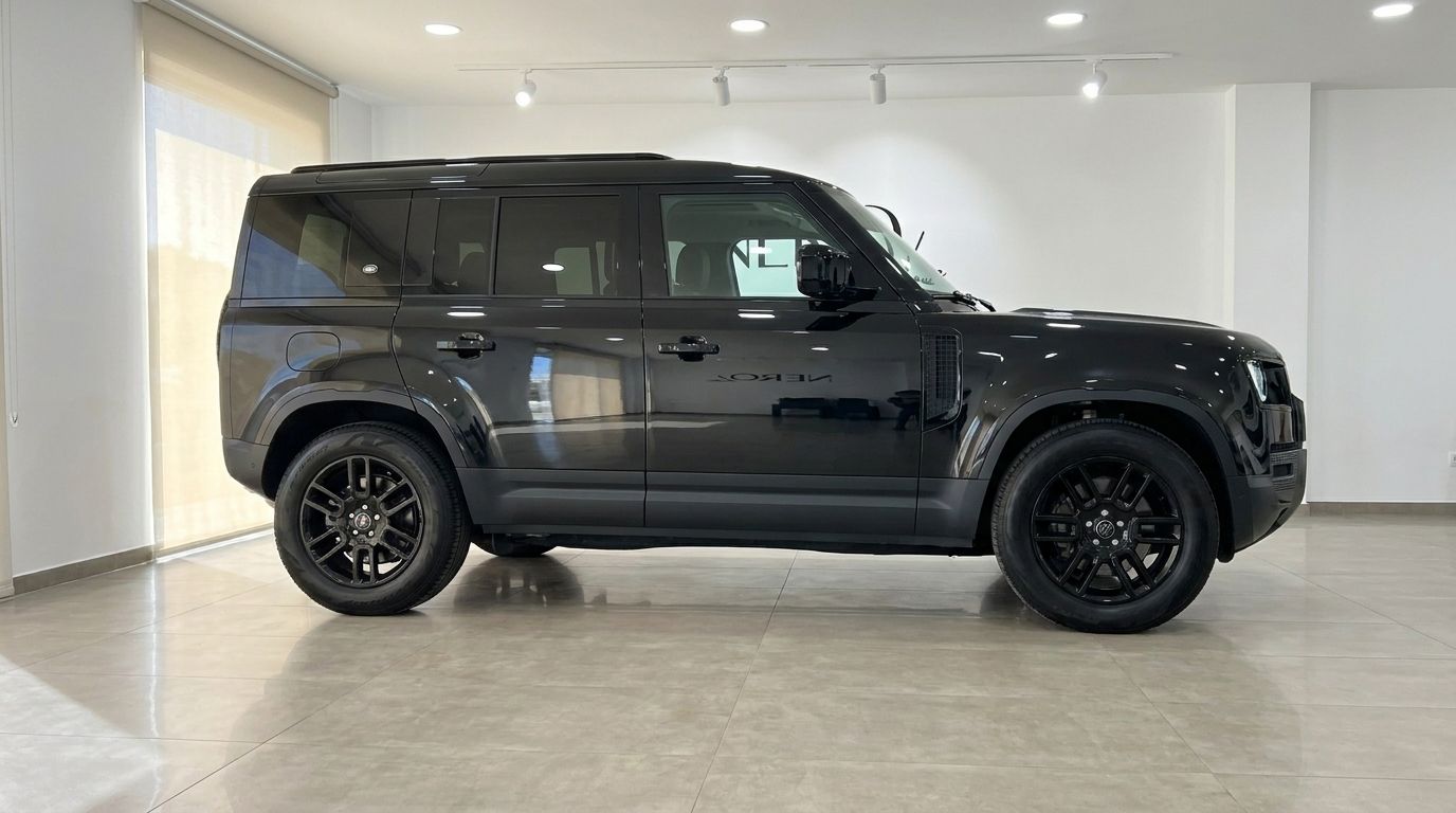 The black Land Rover Defender P400e is showcased from its side profile, parked inside a modern showroom in Ibiza.