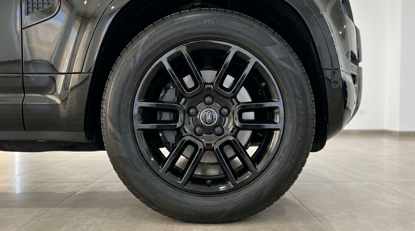 Close-up of the black alloy wheel and tire on the Land Rover Defender P400e, showcasing its sleek design in Ibiza.