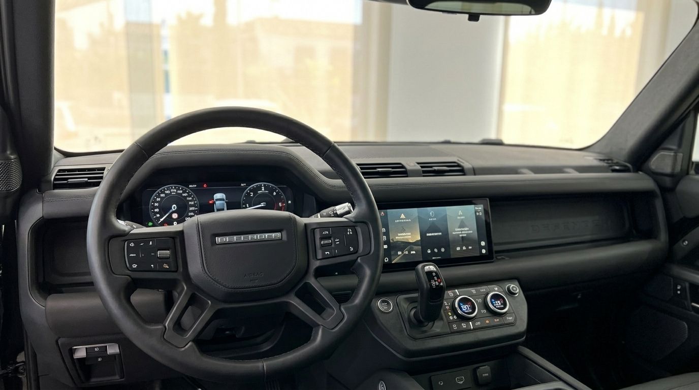The Land Rover Defender's modern cockpit features a multi-function steering wheel, digital instrument cluster, and infotainment screen in Ibiza.