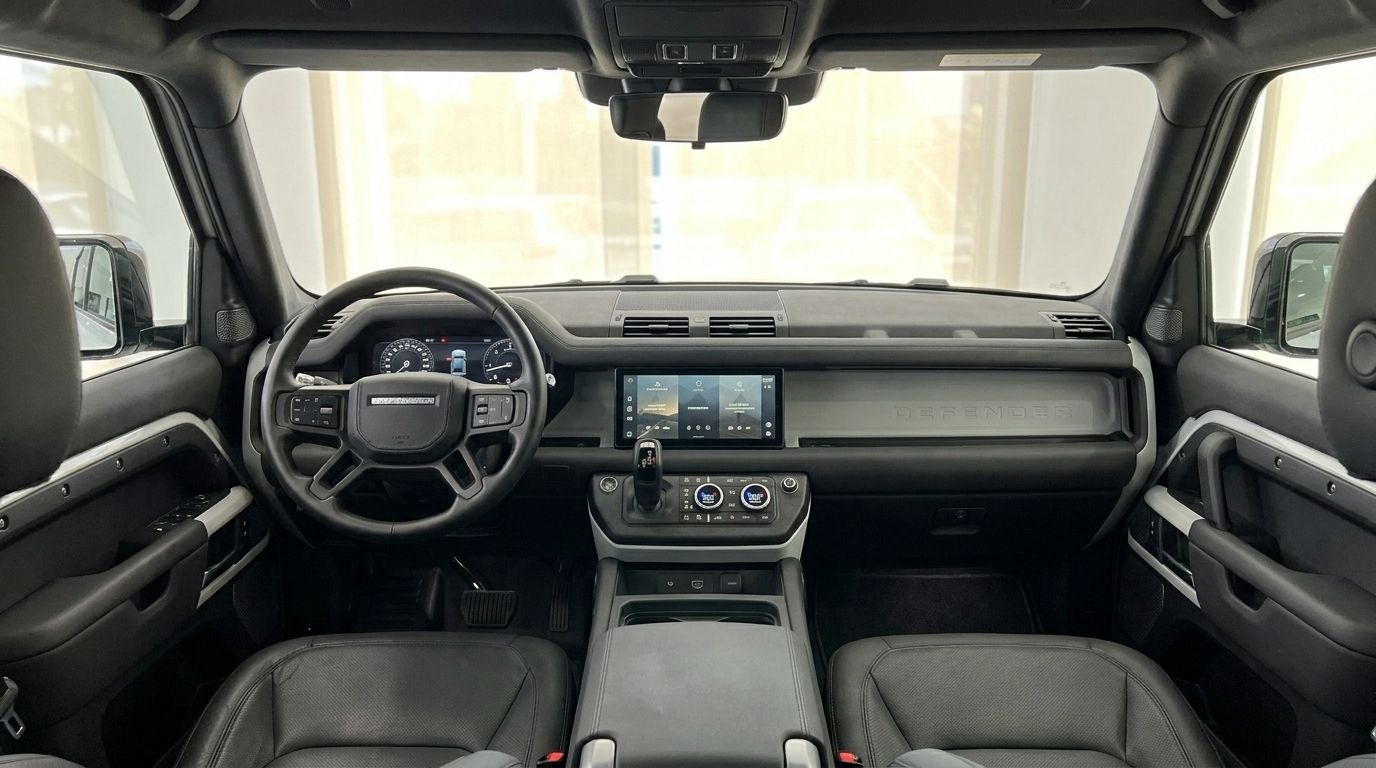 The interior of the 2025 Land Rover Defender P400e in Ibiza, showcasing its modern dashboard, steering wheel, and central infotainment system.