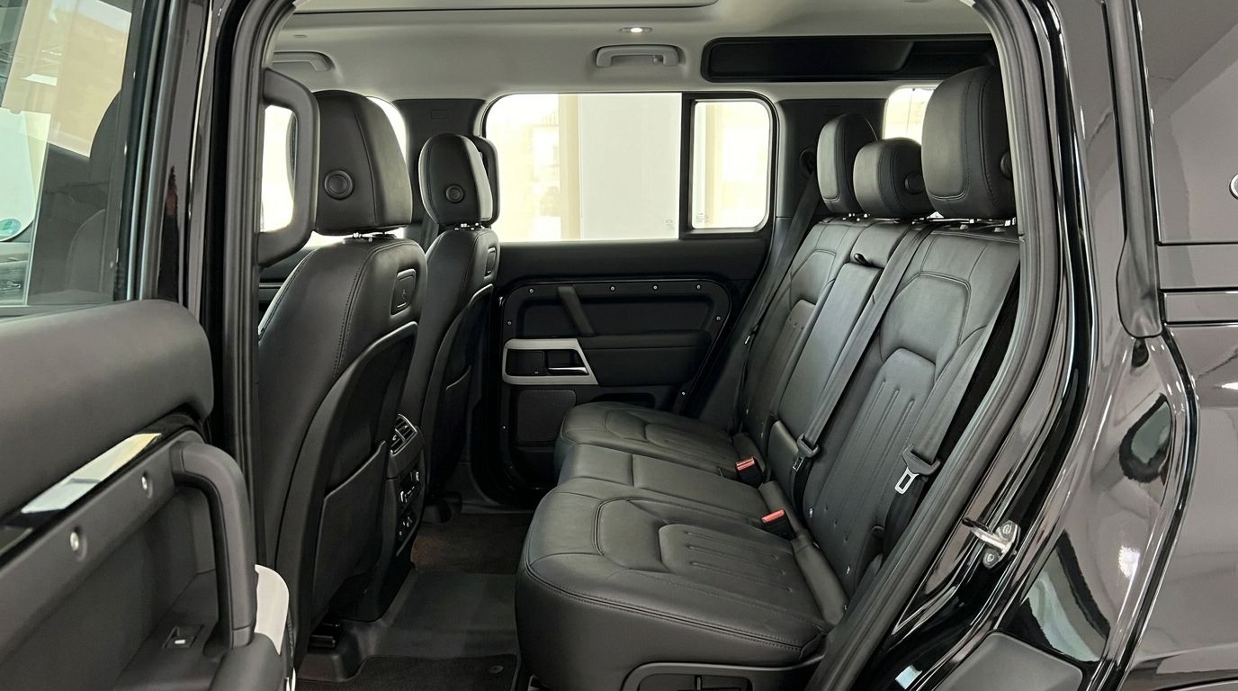 The spacious rear interior of the Land Rover Defender P400e in Ibiza, featuring comfortable black leather seats and detailed door panels.
