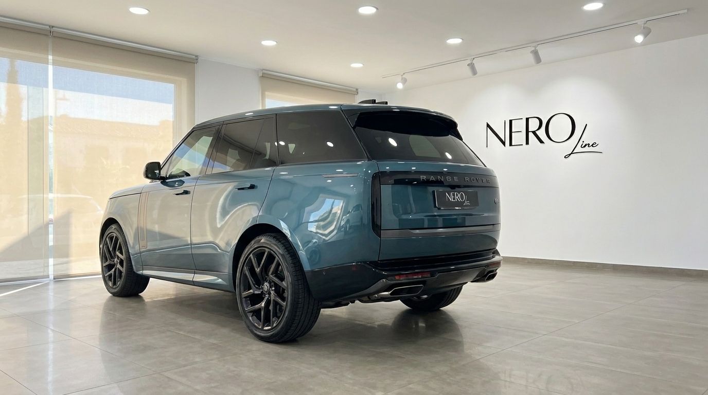 Un Land Rover Range Rover 2023 azul verdoso se exhibe desde su ángulo trasero tres cuartos dentro de una sala de exposición en Madrid.