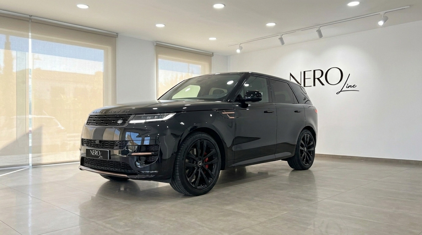 Land Rover Range Rover Sport — Front view Ibiza The gloss black 2023 Land Rover Range Rover Sport Dynamic SE is showcased from a front three-quarter angle in Ibiza.
