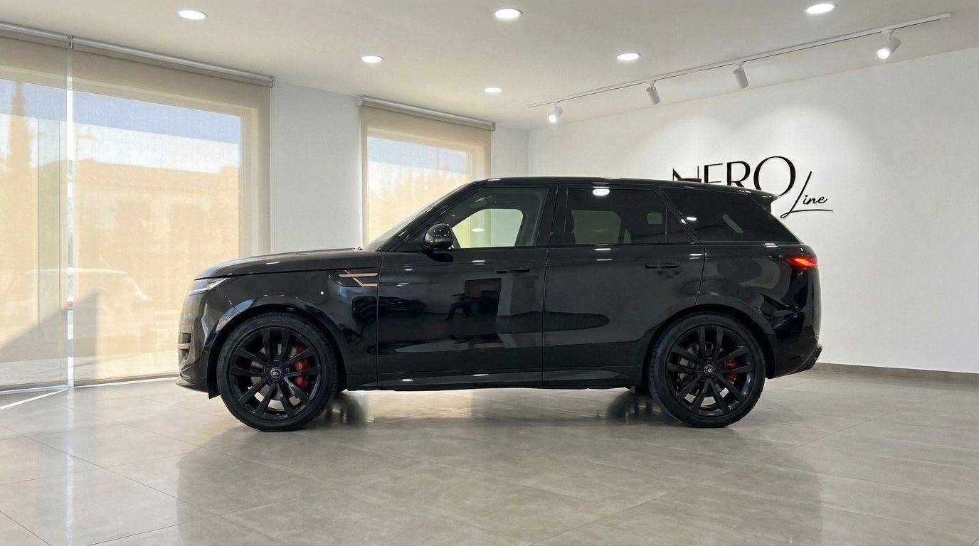 Le Land Rover Range Rover Sport Dynamic SE noir 2023 est présenté de son profil latéral élégant dans un showroom à Ibiza.