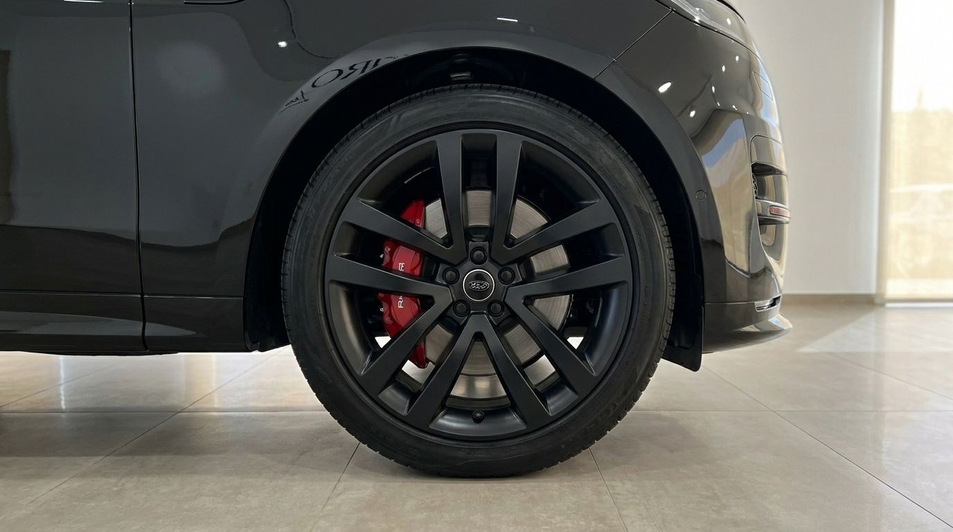 La roue avant du Land Rover Range Rover Sport Dynamic SE noir avec jante noire mate et étrier de frein rouge, à Ibiza.