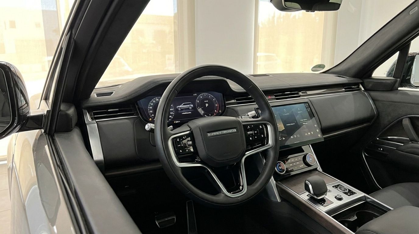Le luxueux habitacle en cuir noir du Land Rover Range Rover Sport Dynamic SE à Ibiza, avec volant, tableau de bord numérique et écran d'infodivertissement.