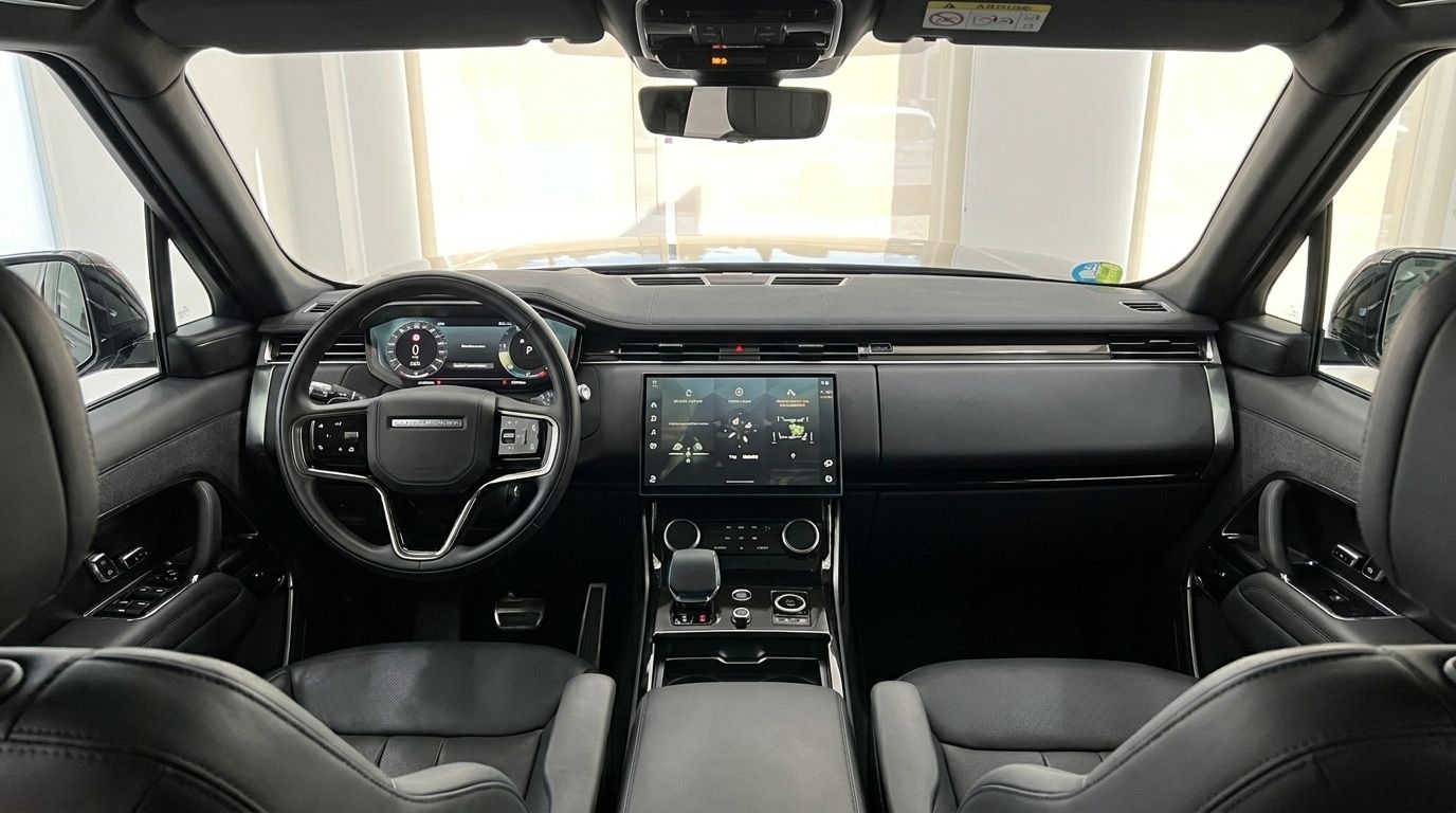 L'intérieur noir luxueux du Land Rover Range Rover Sport Dynamic SE à Ibiza, avec volant, tableau de bord numérique et écran d'infodivertissement.