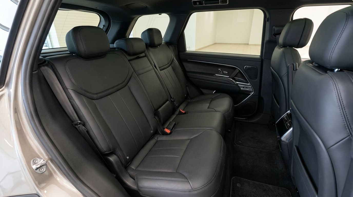 L'image montre les luxueux sièges arrière en cuir noir du Land Rover Range Rover Sport Dynamic SE à Ibiza.