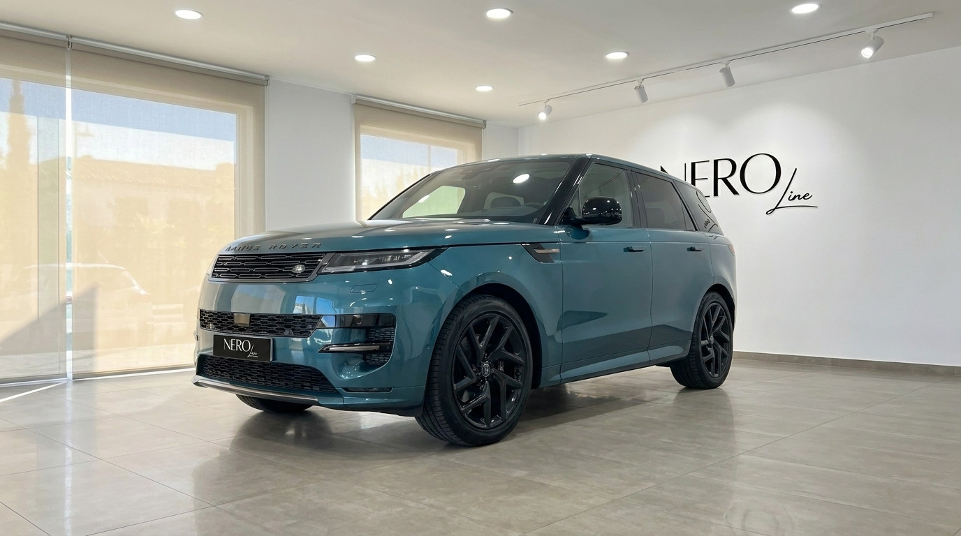 Land Rover Range Rover Sport — Azul verdoso en Madrid El Land Rover Range Rover Sport 2023 azul verdoso está aparcado en un concesionario en Madrid, visto desde un ángulo frontal tres cuartos.