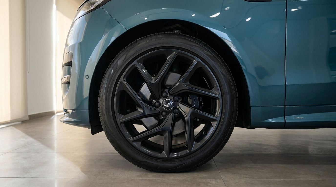 Primer plano de la rueda delantera del Land Rover Range Rover Sport azul verdoso con llantas negras multirradio, aparcado en Madrid.