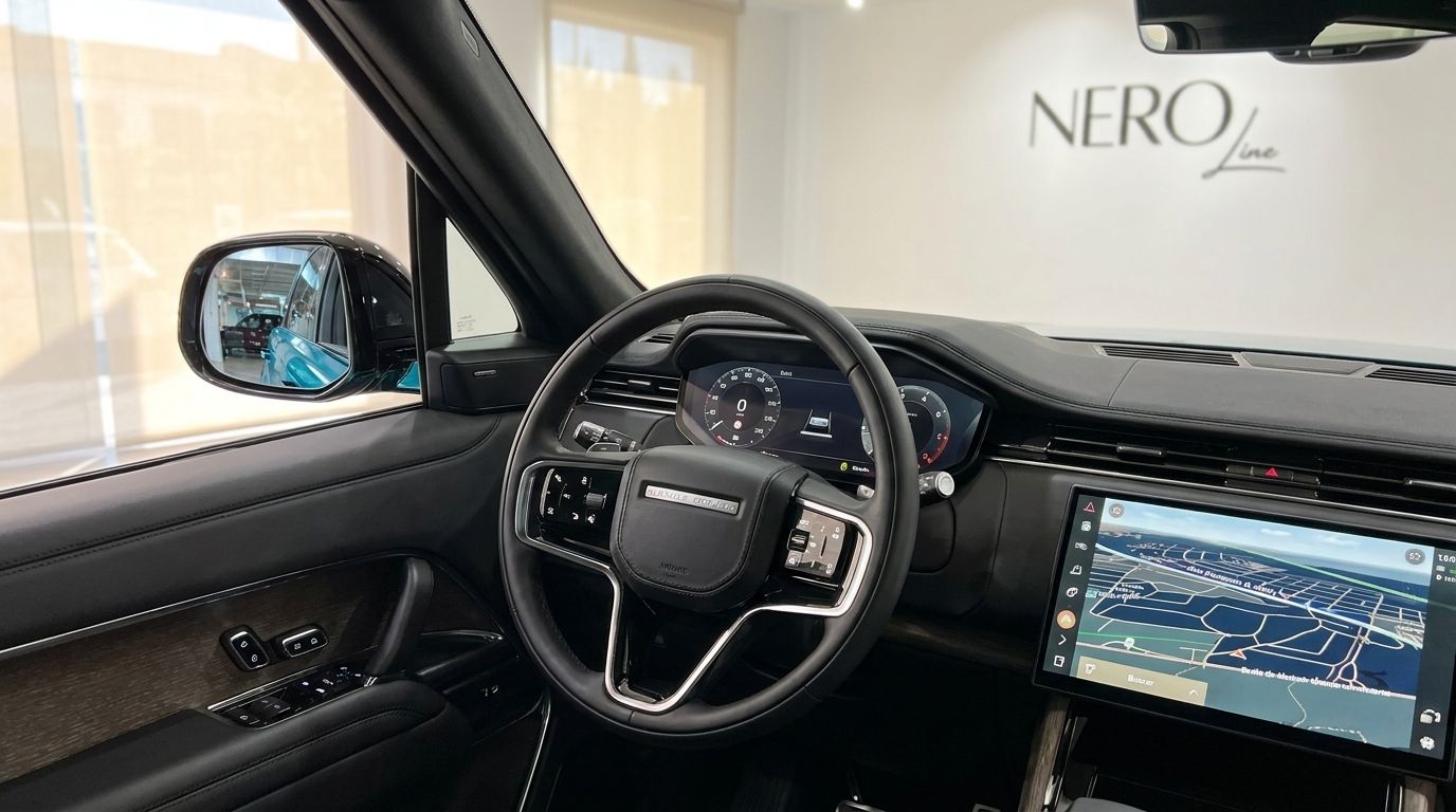 El interior del Land Rover Range Rover Sport 2023 en Madrid, mostrando el volante, el salpicadero y la pantalla de infoentretenimiento con mapa.