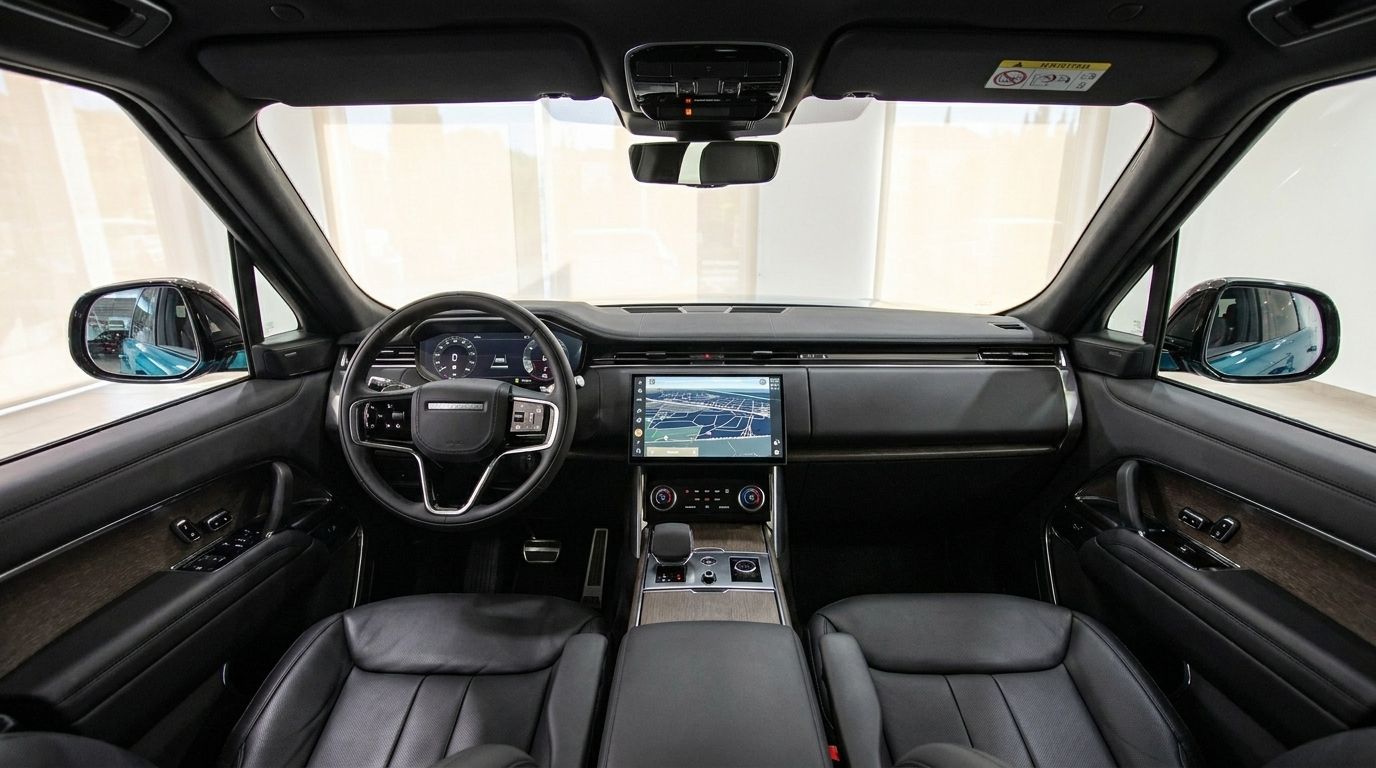 El lujoso interior del Land Rover Range Rover Sport 2023 en Madrid, mostrando un salpicadero moderno, volante y asientos de cuero negro.