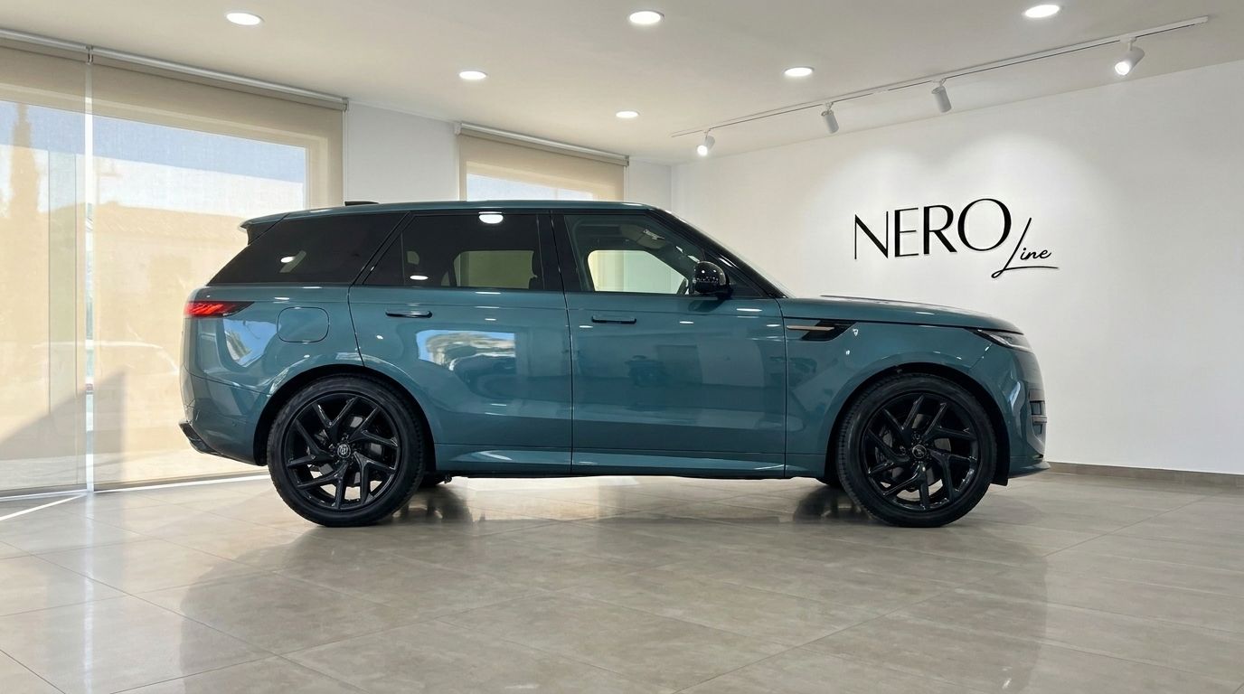El Land Rover Range Rover Sport 2023 azul verdoso se exhibe de perfil lateral dentro de un showroom en Madrid.
