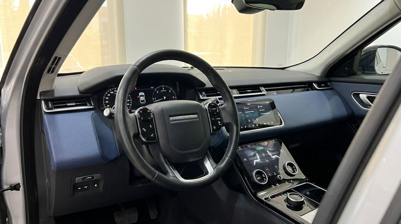 The luxurious interior of a 2021 Land Rover Range Rover Velar in Alicante, showcasing the steering wheel and dual infotainment screens.