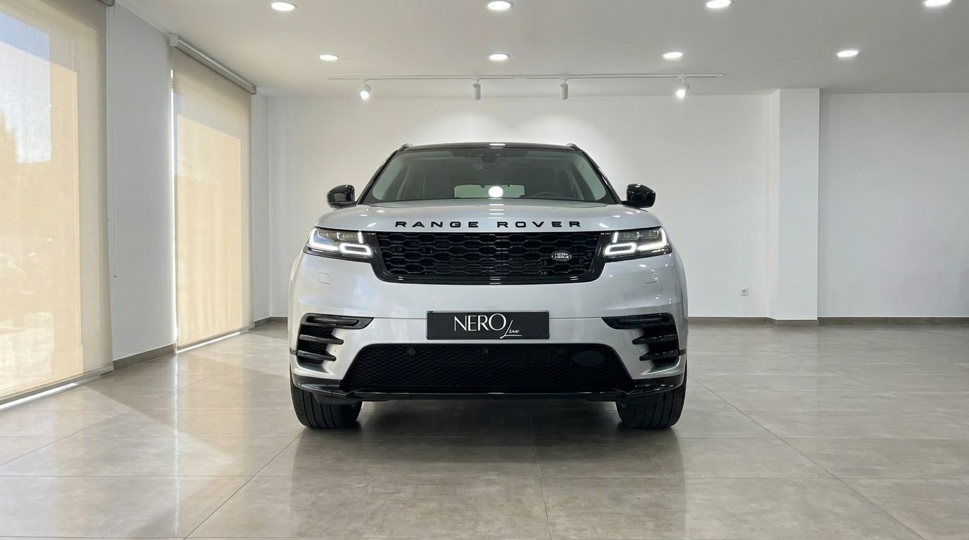 The front view of the luxurious 2021 Land Rover Range Rover Velar, showcasing its distinctive grille and headlights in Alicante.