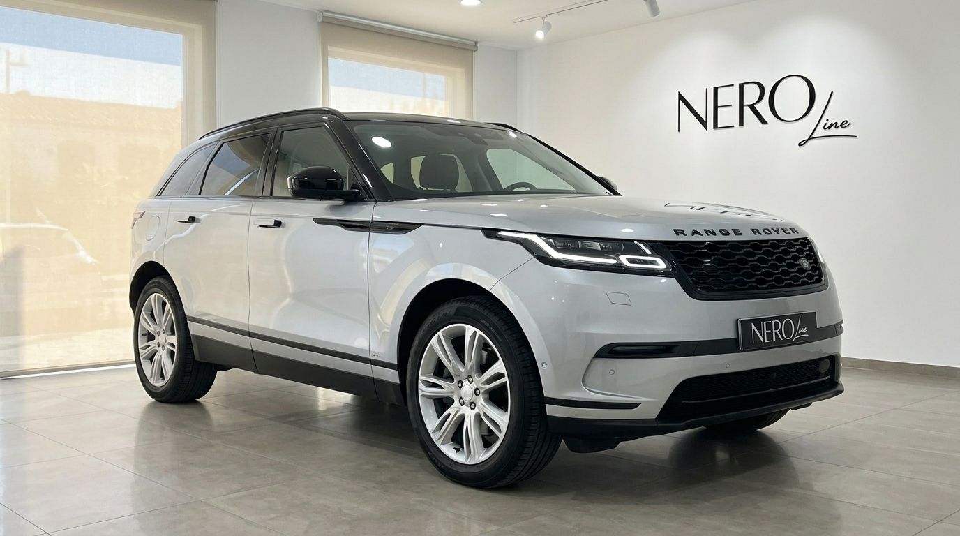 The 2021 silver Land Rover Range Rover Velar is parked at a front three-quarter angle in a showroom in Alicante.