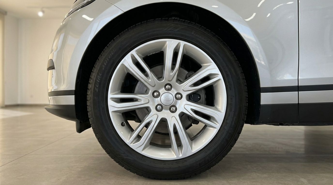 Close-up of the elegant silver multi-spoke front wheel and tire of the Land Rover Range Rover Velar in Alicante.
