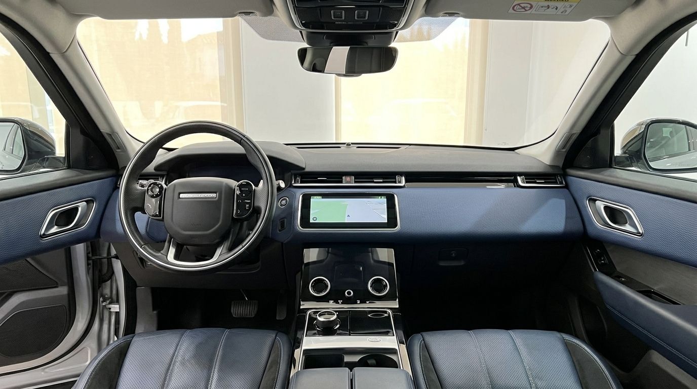 The interior of the Land Rover Range Rover Velar in Alicante, showing the steering wheel, dashboard with navigation, and blue leather seats.