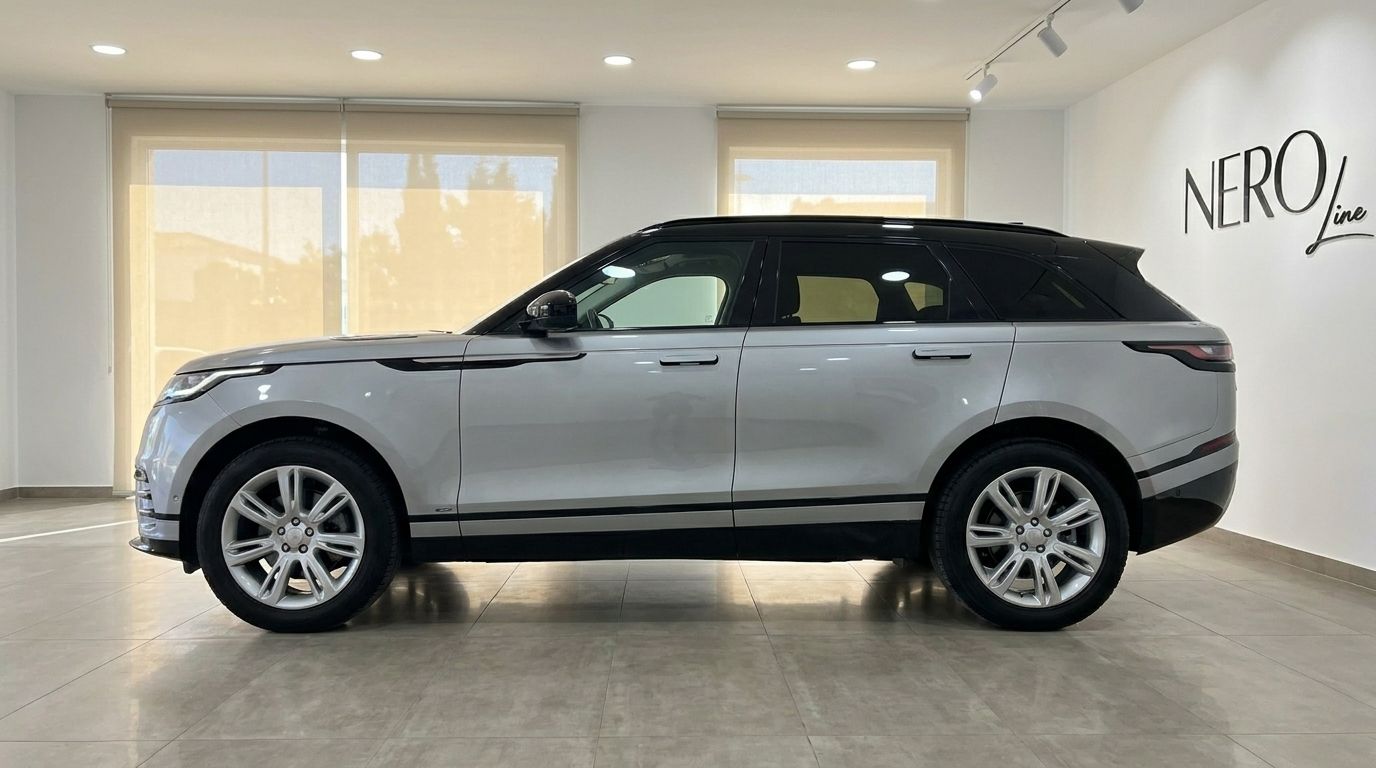 The 2021 Land Rover Range Rover Velar in silver and black is shown in a side profile view inside a showroom in Alicante.