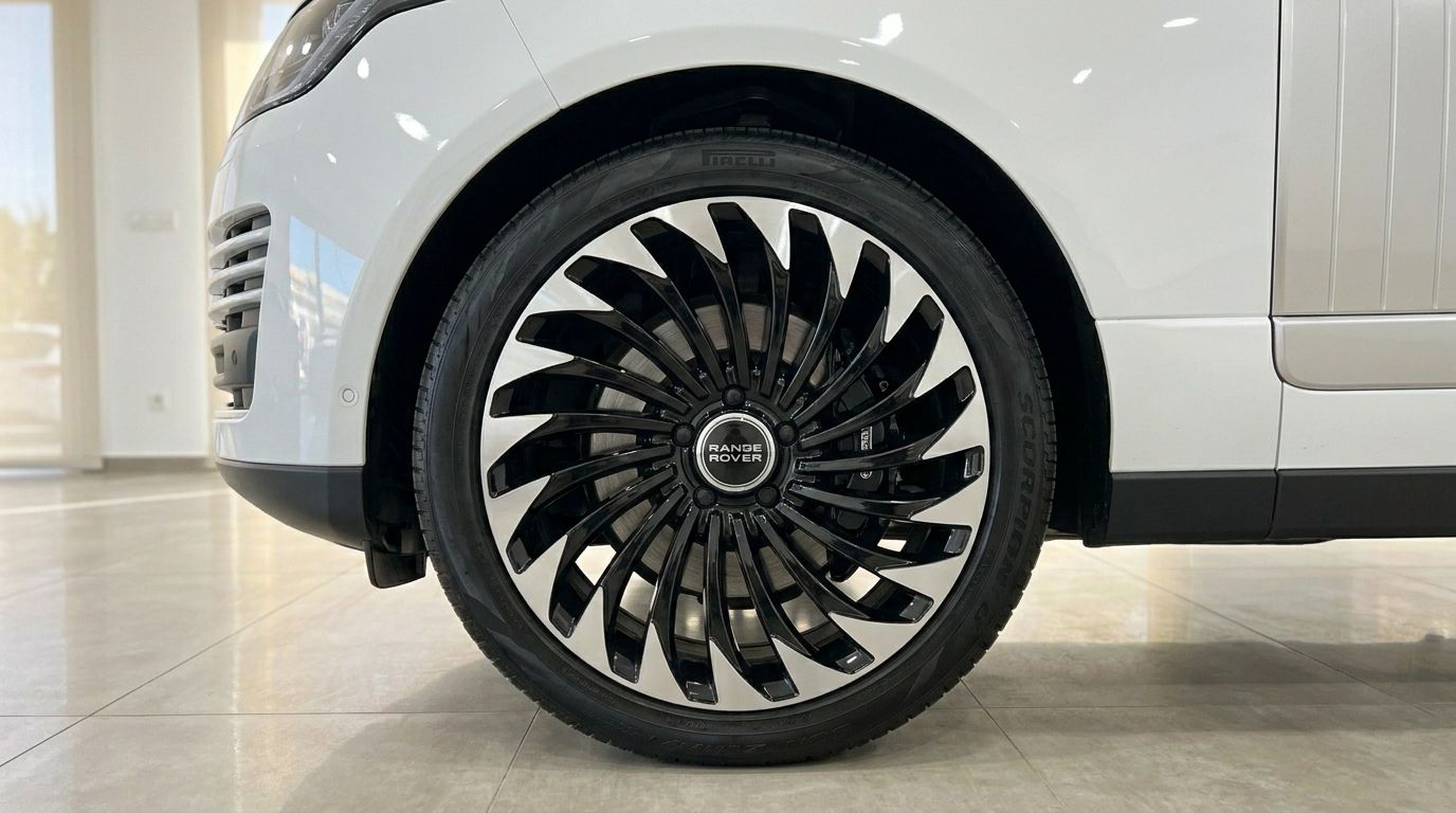 The Land Rover Range Rover Vogue features a striking black and silver multi-spoke front wheel, seen in Alicante.