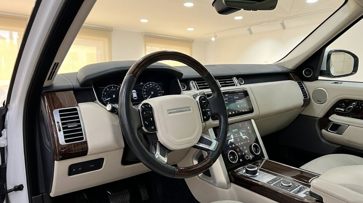 The luxurious interior of the Land Rover Range Rover Vogue, featuring its elegant steering wheel, digital dashboard, and infotainment screens in Alicante.