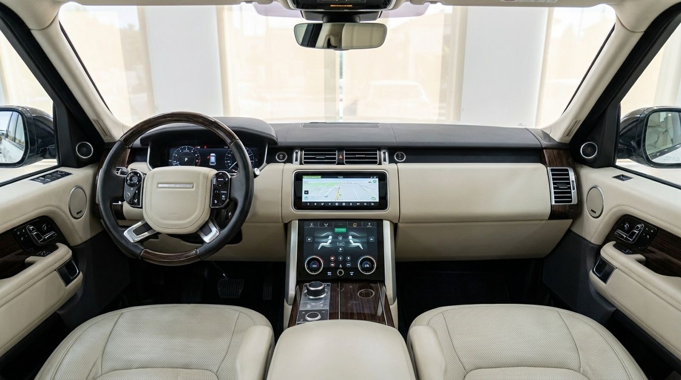 The luxurious interior of the Land Rover Range Rover Vogue in Alicante, featuring its elegant dashboard, steering wheel, and light leather seats.