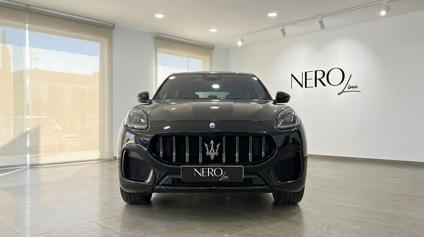 The sleek gloss black 2024 Maserati Grecale is prominently displayed from a front view in a bright showroom in Marbella, featuring the NEROline logo.