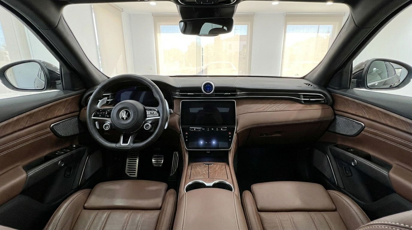 The luxurious brown leather interior and dashboard of the 2024 Maserati Grecale, showcasing its sophisticated design in Marbella.
