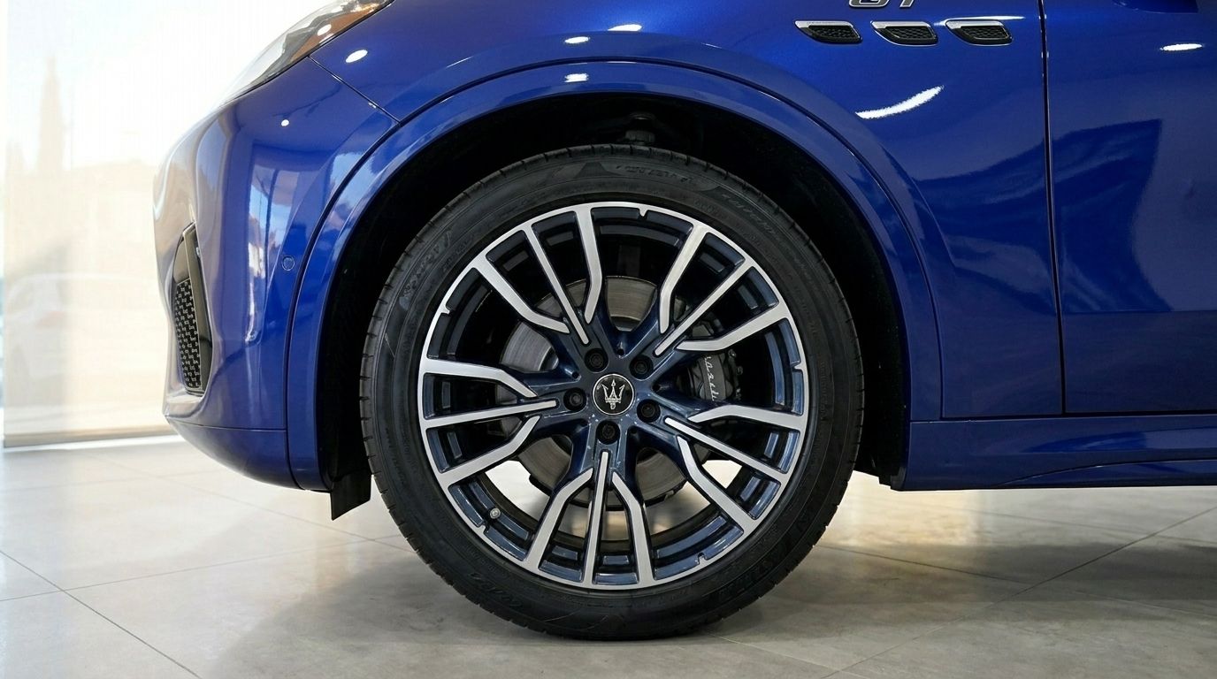 The metallic blue front fender and multi-spoke wheel with visible brake caliper of a Maserati Grecale in Benidorm.