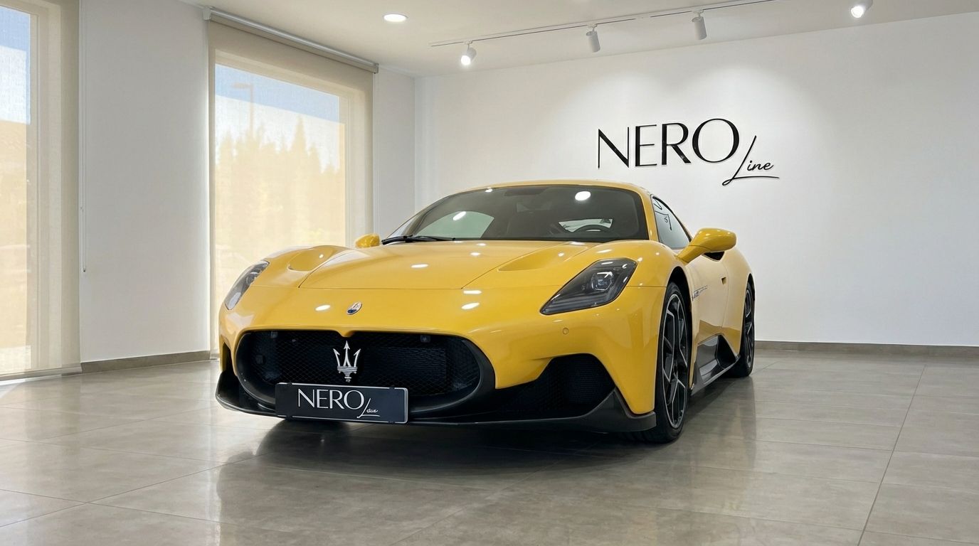 A striking yellow 2023 Maserati MC20 supercar is showcased in a showroom in Valencia, viewed from a front-three-quarter angle.