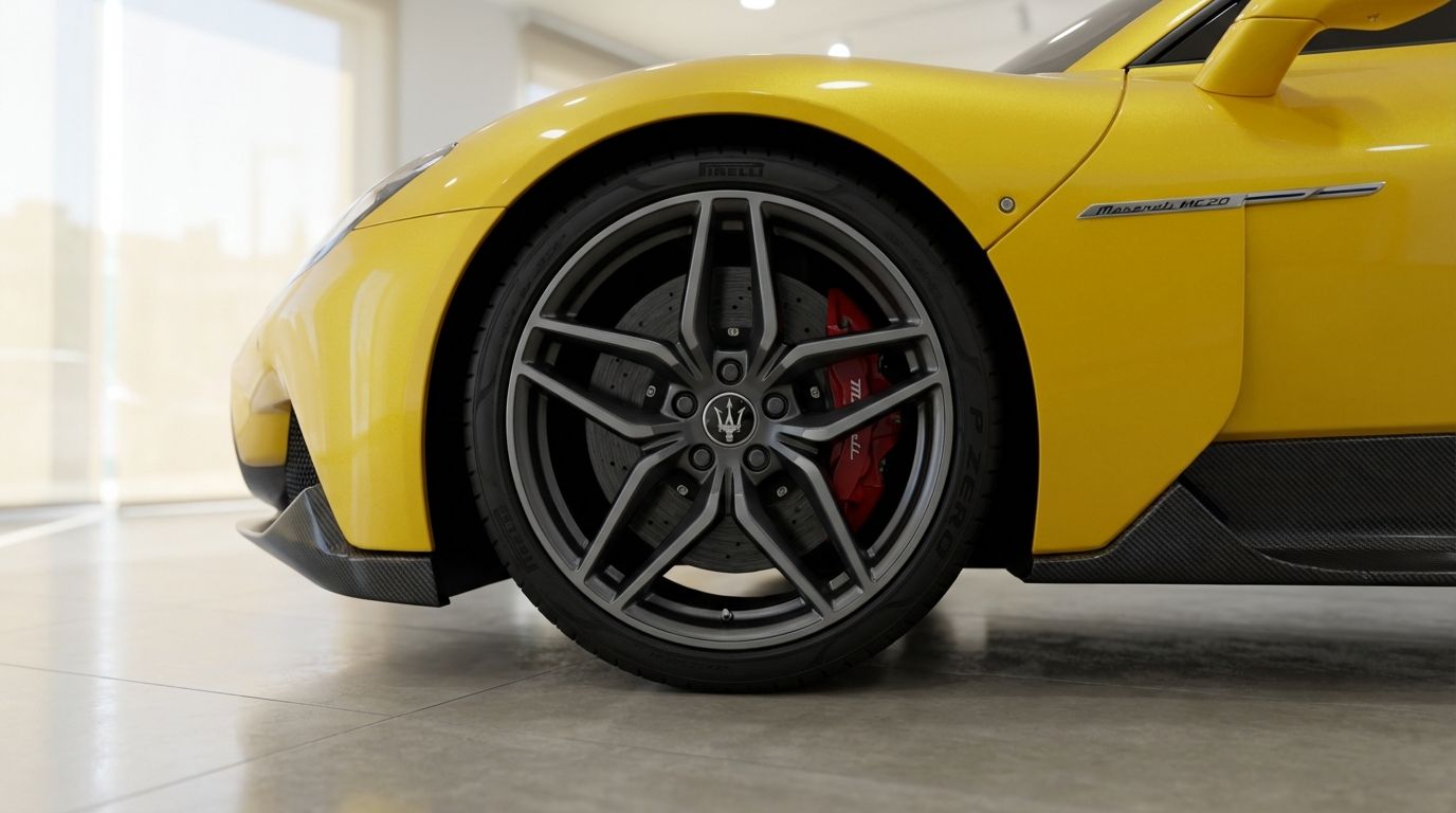 The front wheel and side detail of the yellow Maserati MC20 are prominently displayed in Valencia.