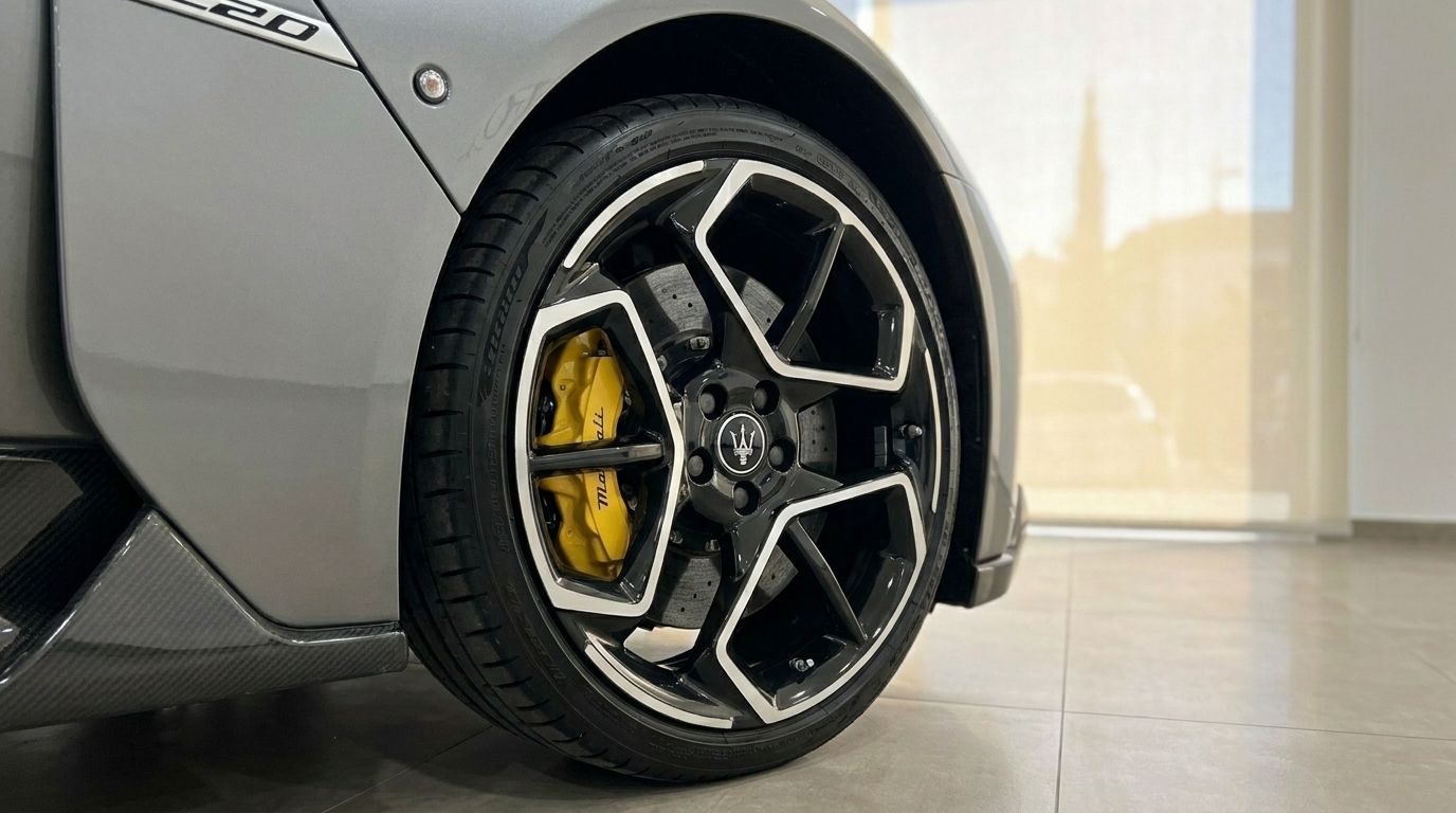 Primer plano de la rueda delantera del Maserati MC20 con llantas negras y plateadas y distintivas pinzas de freno amarillas en Madrid.