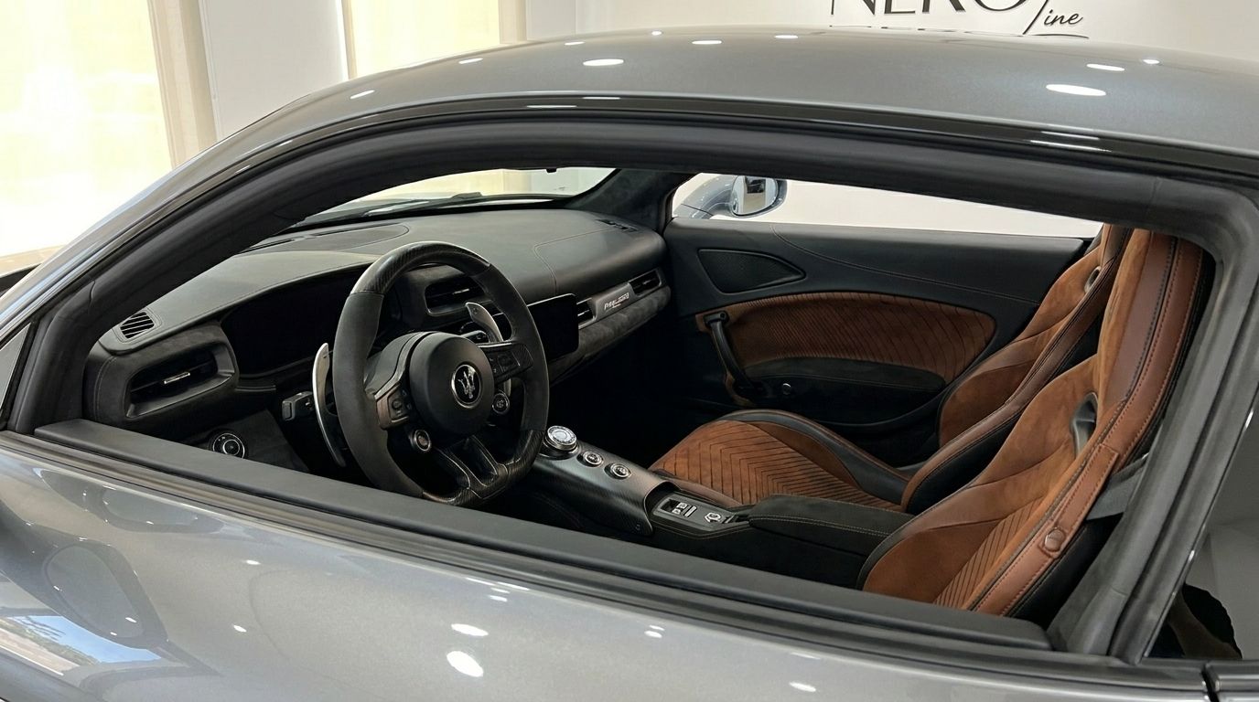 El lujoso interior del Maserati MC20 en Madrid, mostrando el volante, el salpicadero y los asientos deportivos marrones.