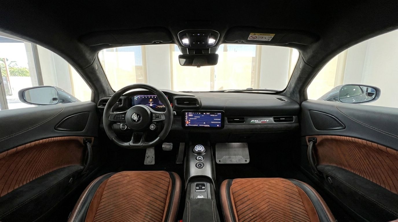 El lujoso interior del Maserati MC20 en Madrid, mostrando el salpicadero, el volante y los elegantes asientos de cuero marrón.