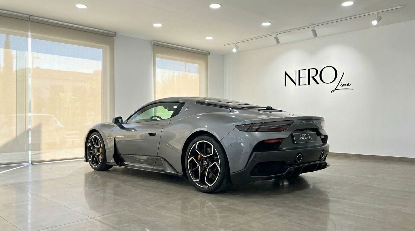 El superdeportivo Maserati MC20 gris metalizado está aparcado en un concesionario, mostrando su elegante vista trasera tres cuartos en Madrid.