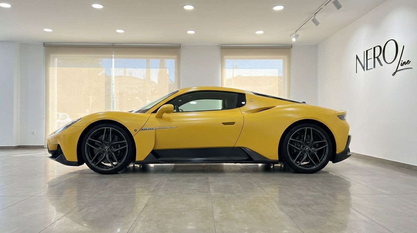 A striking yellow 2023 Maserati MC20 supercar is parked indoors, showcasing its sleek side profile in Valencia.