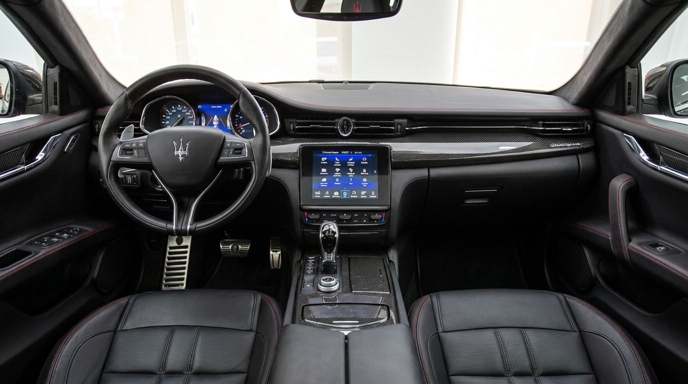 Maserati Quattroporte Sq4 Nerissimo's luxurious black leather cockpit in Madrid, featuring a detailed dashboard and carbon fiber accents.