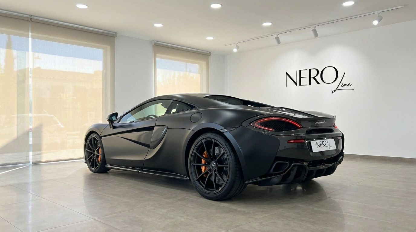 The matte black McLaren 570S Coupé is showcased from a rear three-quarter angle in a bright showroom in Marbella.