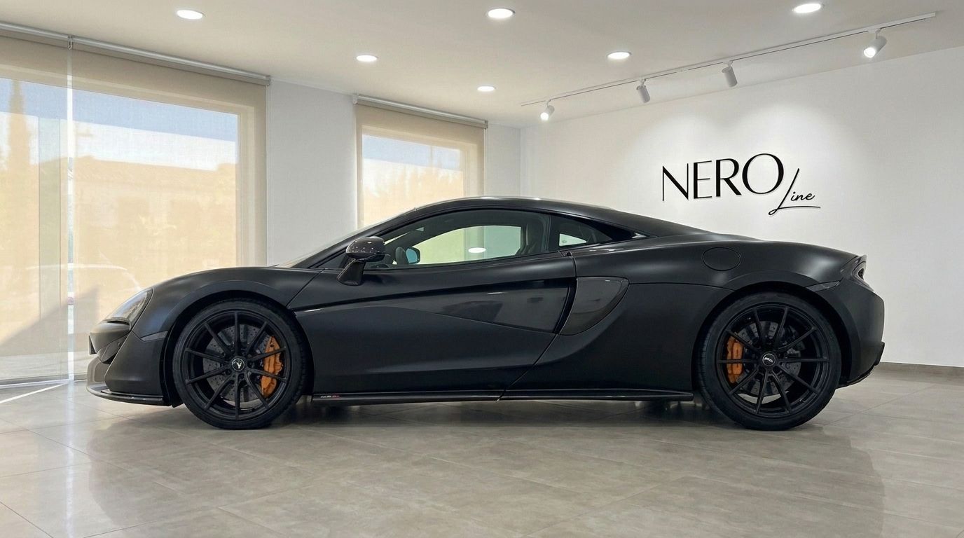 The matte black McLaren 570S Coupé is showcased from its side profile in a bright showroom in Marbella.