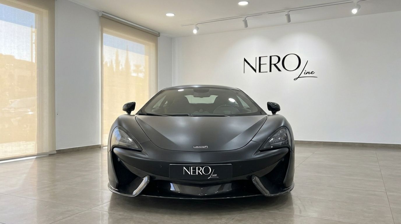 Front view of a matte black McLaren 570S supercar parked in a modern NEROline showroom in Marbella.