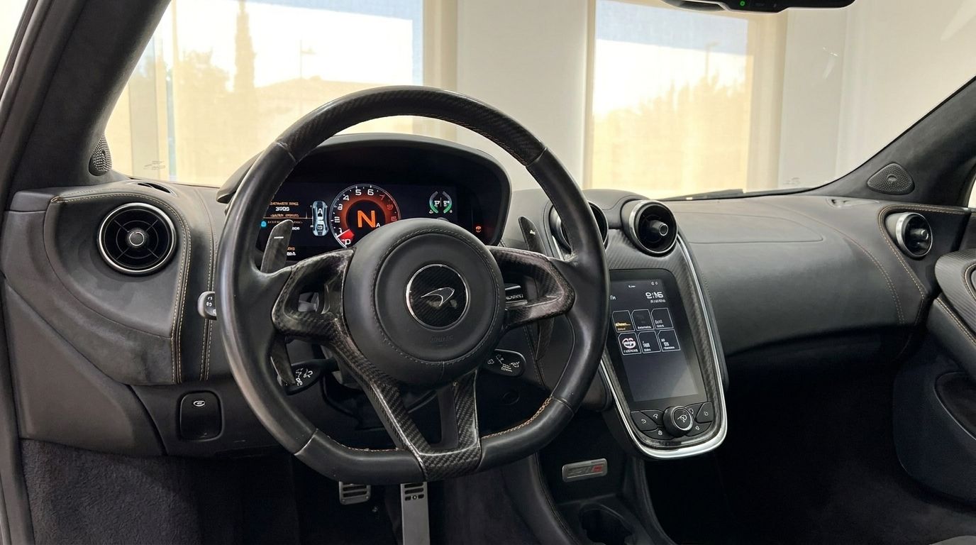 The McLaren 570S cockpit in Marbella, featuring the carbon fiber steering wheel, digital dash, and infotainment screen.