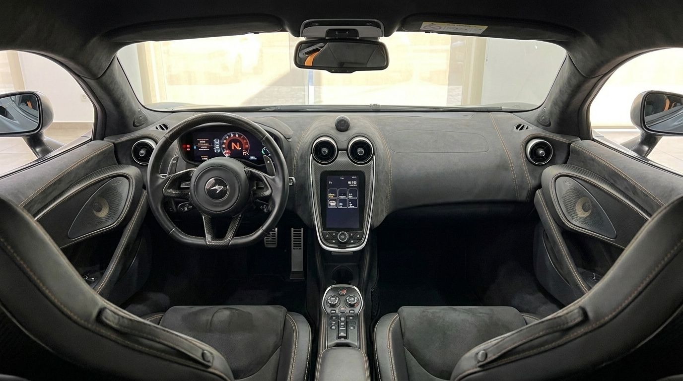 The luxurious cockpit of the McLaren 570S in Marbella, featuring its sophisticated dashboard, steering wheel, and central console with elegant black and orange stitching.